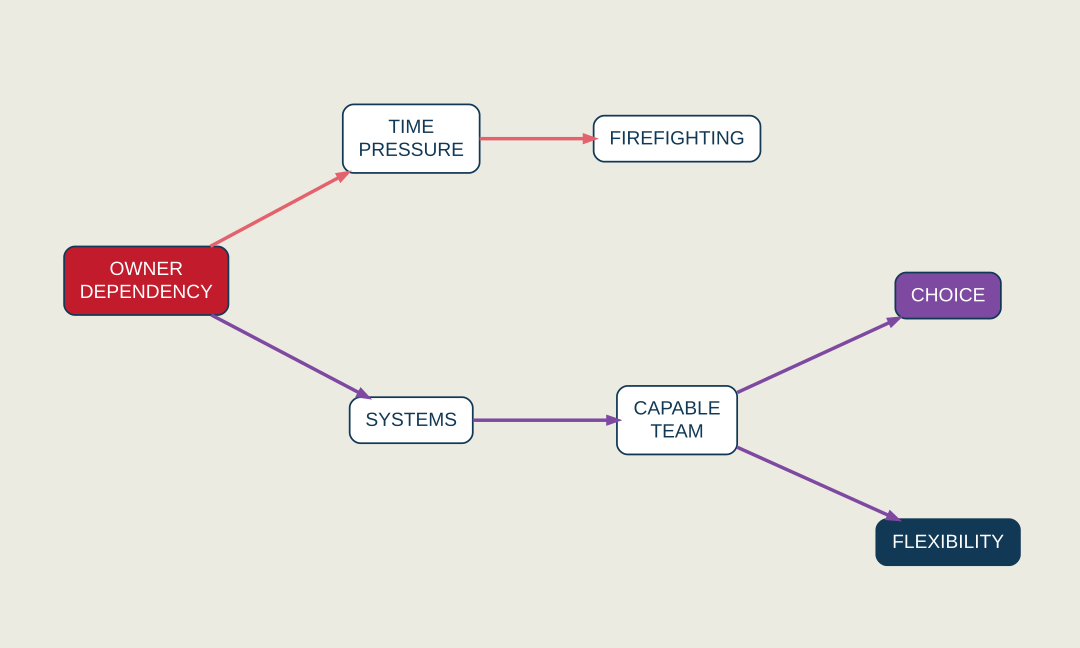 Conceptual business graphic showing the shift from owner dependency and time pressure toward systems, capable people, flexibility and choice.