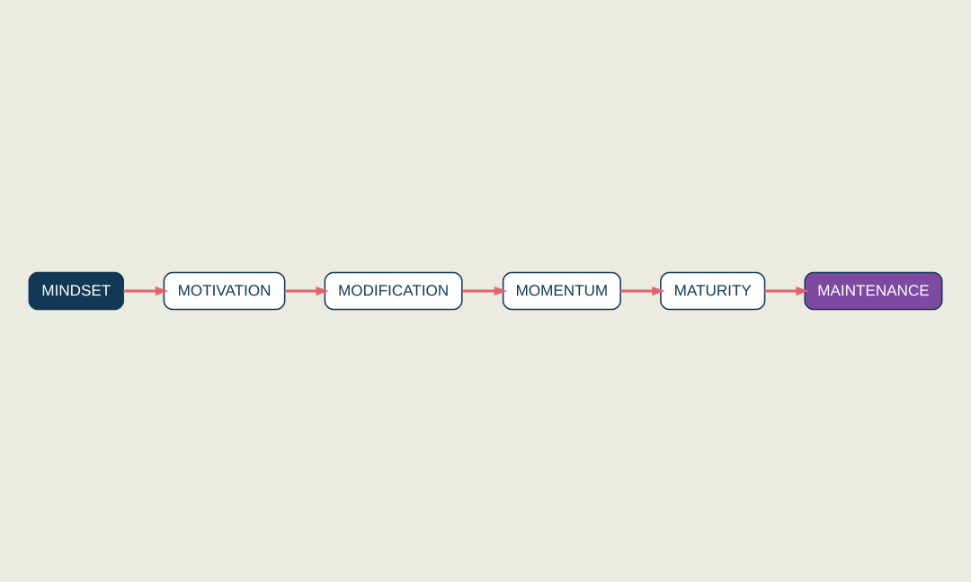 The 6M’s of Business Growth methodology showing Mindset, Motivation, Modification, Momentum, Maturity and Maintenance.