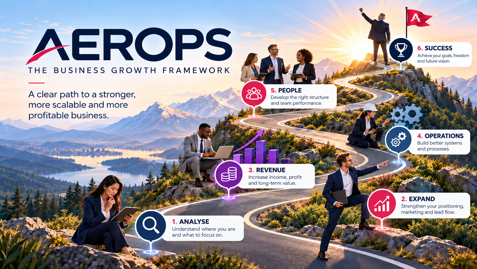 AEROPS business growth pathway showing Analyse, Expand, Revenue, Operations, People and Success